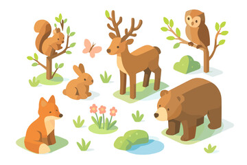 Isometric woodland animals with deer, fox, and owl in cartoony style