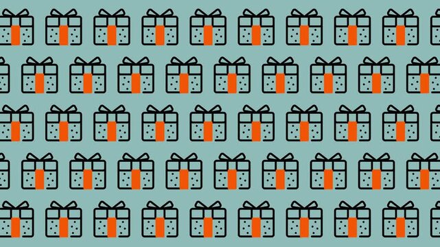 Seamless Pattern of Gift Boxes with Orange Ribbons on Teal Background.