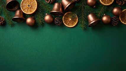 Elegant festive border featuring bronze bells dried orange slices and fir branches on a deep green backdrop