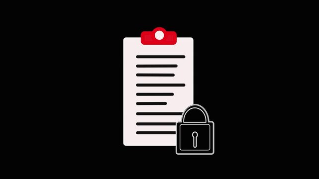 Clipboard with Locked Document and Red Clip on animation Black Background security privacy. Animated clipboard with locked paper and red clip, perfect for document protection, privacy, and security
