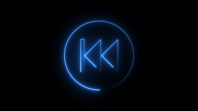 Linear neon animation of blue rewind button on black background. Motion graphic.