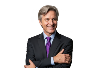 Smiling middle aged man with graying hair wearing a dark suit and purple tie arms crossed isolated on transparent background