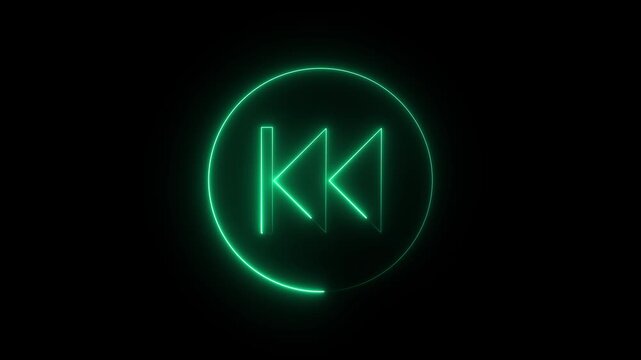 Linear neon animation of blue rewind button on black background. Motion graphic.
