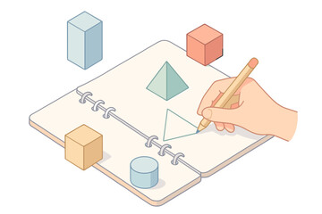 Fototapeta premium Geometric drawing with colored shapes and pencil on spiral notebook