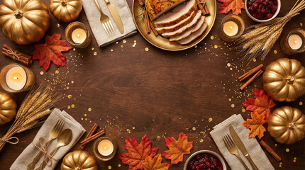 A luxurious Thanksgiving flat-lay scene with golden pumpkins happy thanksgiving