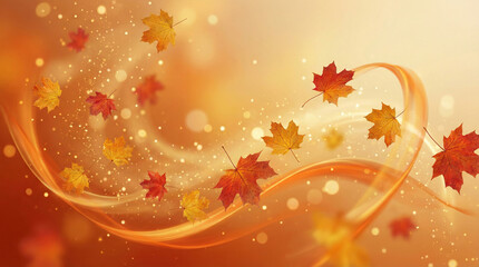 A dynamic Thanksgiving background with floating maple leaves, golden particles happy thanksgiving