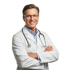 Smiling doctor wearing lab coat and stethoscope isolated on transparent background