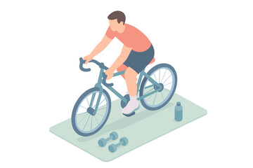 Obraz premium Isometric gym scene with cyclist on stationary bike and workout equipment