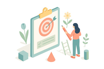 Isometric business strategy concept with target board and character