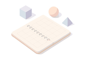 Isometric open calendar with geometric shapes for planning and organization