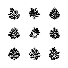 Set of nine elegant floral silhouette designs featuring decorative botanical motifs with stylized leaves, petals, and ornamental vector elements