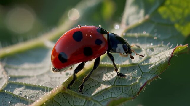 A red ladybug covered in morning dew walks on a green leaf. Macro footage of a small insect in nature. Wildlife in a summer garden