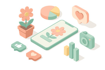 Isometric pastel social media concept with smartphone and flower elements