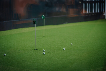 Indoor golf putting green with multiple golf balls and flags, showcasing a vibrant artificial turf environment for recreational activities