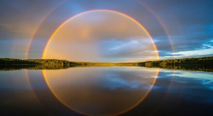 Fototapeta premium Reflections of a Double Rainbow Over a Serene Lake at Dusk, Capturing the Beauty of Nature's Phenomenon