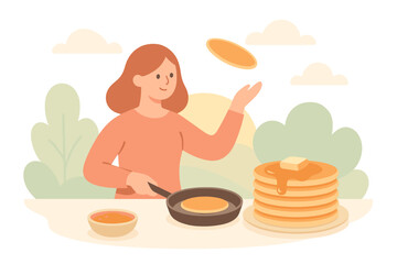 Woman making pancakes in a cozy outdoor setting with butter and syrup
