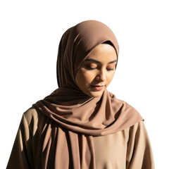 Young muslim woman wearing a beige hijab isolated on transparent background