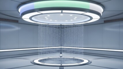Futuristic shower-like structure with falling water and circular light platform