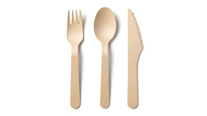 Eco-friendly wooden cutlery set in minimalist design, showcasing a fork, spoon, and knife