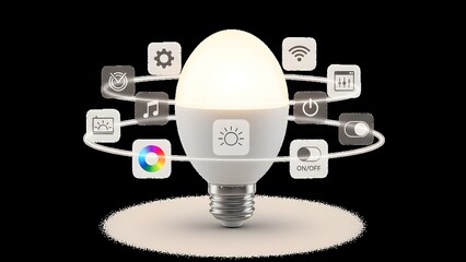 Smart LED light bulb with various function icons showcasing innovation and modern technology. The image shows a glowing bulb surrounded by symbols