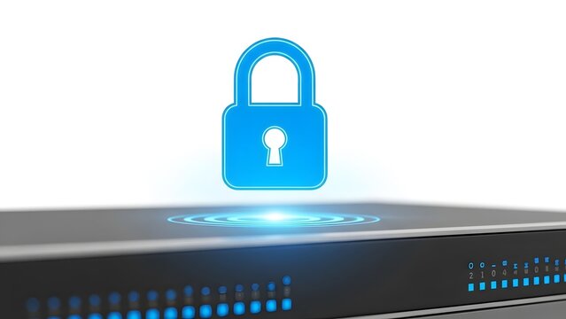Secured Server with Blue Padlock, Symbolizing Cyber Security, Data Protection and Safety