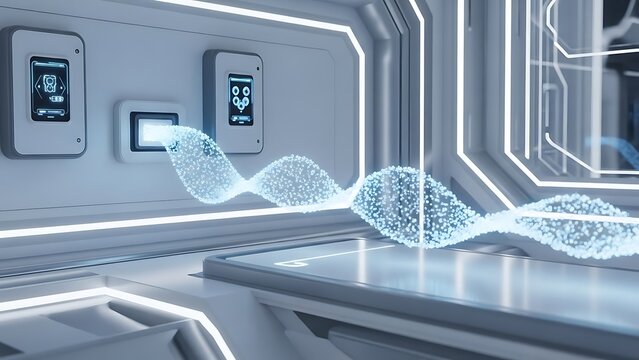 Glowing Blue DNA Strand in Futuristic Laboratory Setting from - Powered by Adobe