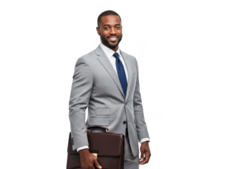 Professional african american businessman in a sharp grey suit and blue tie holding a briefcase isolated on transparent background
