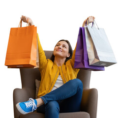 Happy woman holding shopping bags isolated on transparent background