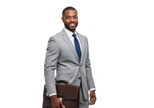 Professional african american businessman in a sharp grey suit and blue tie holding a briefcase isolated on transparent background - Powered by Adobe