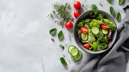  top-view layout of harmonious composition with a fresh vibrant salad. Organic healthy lifestyle concept. Minimalist Advertising Composition