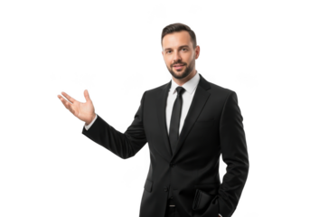 Professional businessman in a dark suit and tie gesturing with his left hand isolated on transparent background