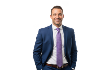Professional business man in a blue suit and purple tie smiling confidently with hands in pockets isolated on transparent background