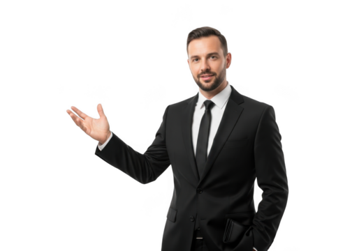 Professional businessman in a dark suit and tie gesturing with his left hand isolated on transparent background - Powered by Adobe