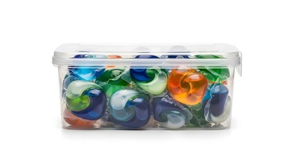 Laundry detergent pods in a transparent container, offering a visual burst of colors. The pods are neatly arranged, suggesting easy access and convenience.