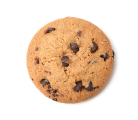 Delicious chocolate chip cookie isolated on white, top view