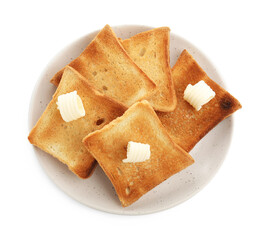 Slices of toasted bread with butter isolated on white, top view
