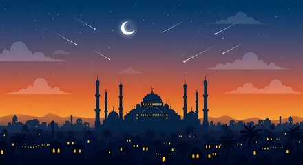 Night Sky with Mosque and Shooting Stars Cityscape