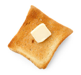 Slice of toasted bread with butter isolated on white, top view