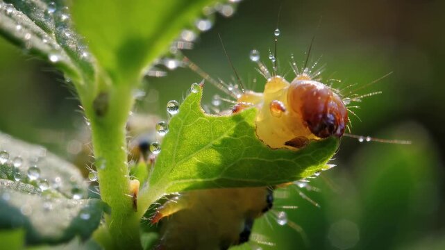 A macro shot of a hairy caterpillar eating a green leaf. Insect covered in morning dew drops chewing on a plant