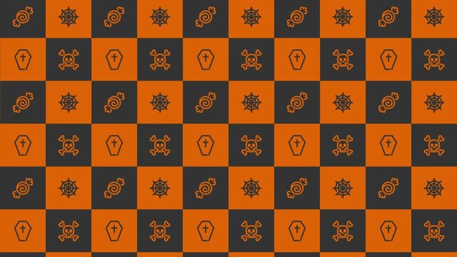Halloween pattern of candy, spiderwebs, skulls, and coffins