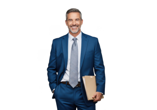 Smiling professional man in a dark blue suit and striped tie holding a folder isolated on transparent background - Powered by Adobe