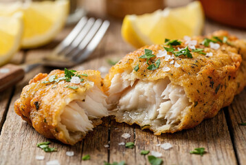 Primer plano de caz&oacute;n en adobo crujiente y jugoso reci&eacute;n frito, servido con sal gruesa, perejil fresco y lim&oacute;n sobre tabla r&uacute;stica de madera.