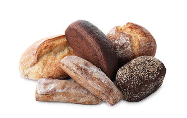 Different types of bread loaves isolated on white