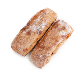 Tasty ciabattas isolated on white, top view. Fresh bread