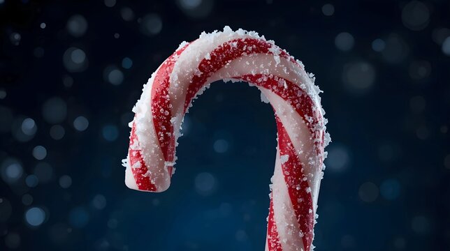 A close-up shot of a red and white striped candy cane, curved in a "J" shape and covered in a layer of white sugar or frost, set against a dark, snowy, or bokeh background.