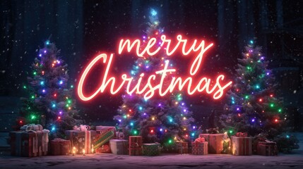 Innovation and Growth themes meet a festive Christmas scene with neon lights and gifts in snow.