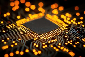 Close up view of a glowing computer microchip featuring electronic circuitry and bright light 