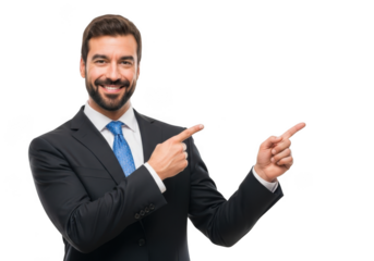 Smiling businessman with beard and blue tie pointing with both hands to the right isolated on transparent background