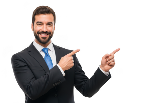 Smiling businessman with beard and blue tie pointing with both hands to the right isolated on transparent background - Powered by Adobe