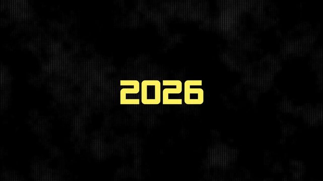 Yellow simple inscription of the changing year from 2025 to 2026. All on a black shimmering background